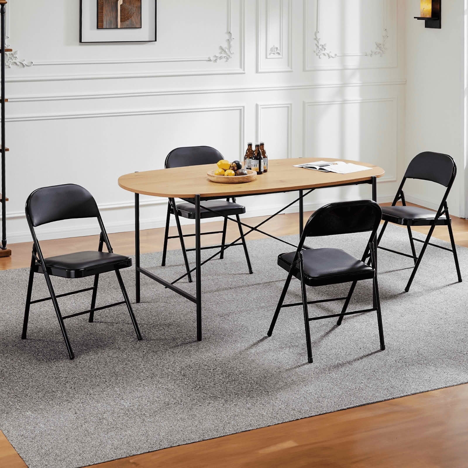 MAYEERTY 4 Piece Leather Padded Folding Chair, Comfy Portable Foldable Chair, Easy to Use & Store, Indoor Outdoor for Home Office Party, Black