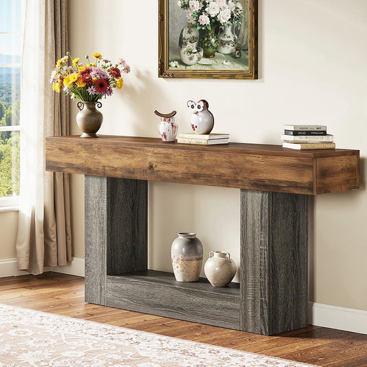 MAYEERTY 63" Wooden Console Table, Farmhouse 2-Tier Sofa Table Entryway Table