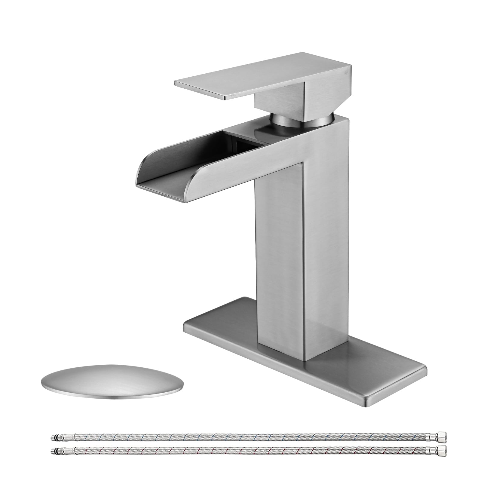 MAYEERTY Brushed Nickel Waterfall Single Handle Bathroom Faucet with Deck Plate & Pop-Up Drain, Brushed Nickel