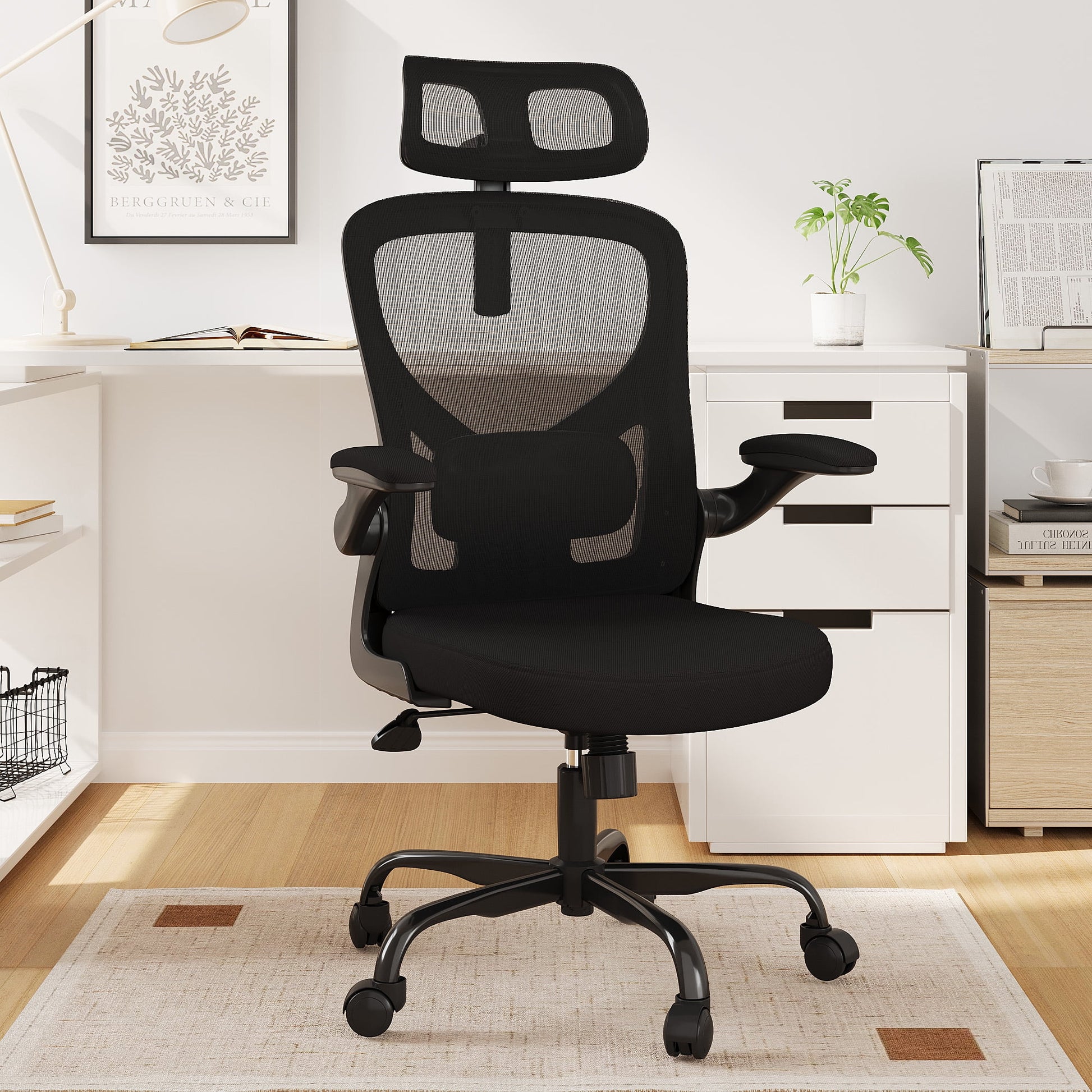 MAYEERTY Ergonomic Home Office Chair with Lumbar Support, Flip-Up Armrests, Headrest for Work & Study,Black