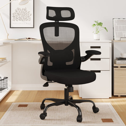 MAYEERTY Ergonomic Home Office Chair with Lumbar Support, Flip-Up Armrests, Headrest for Work & Study,Black