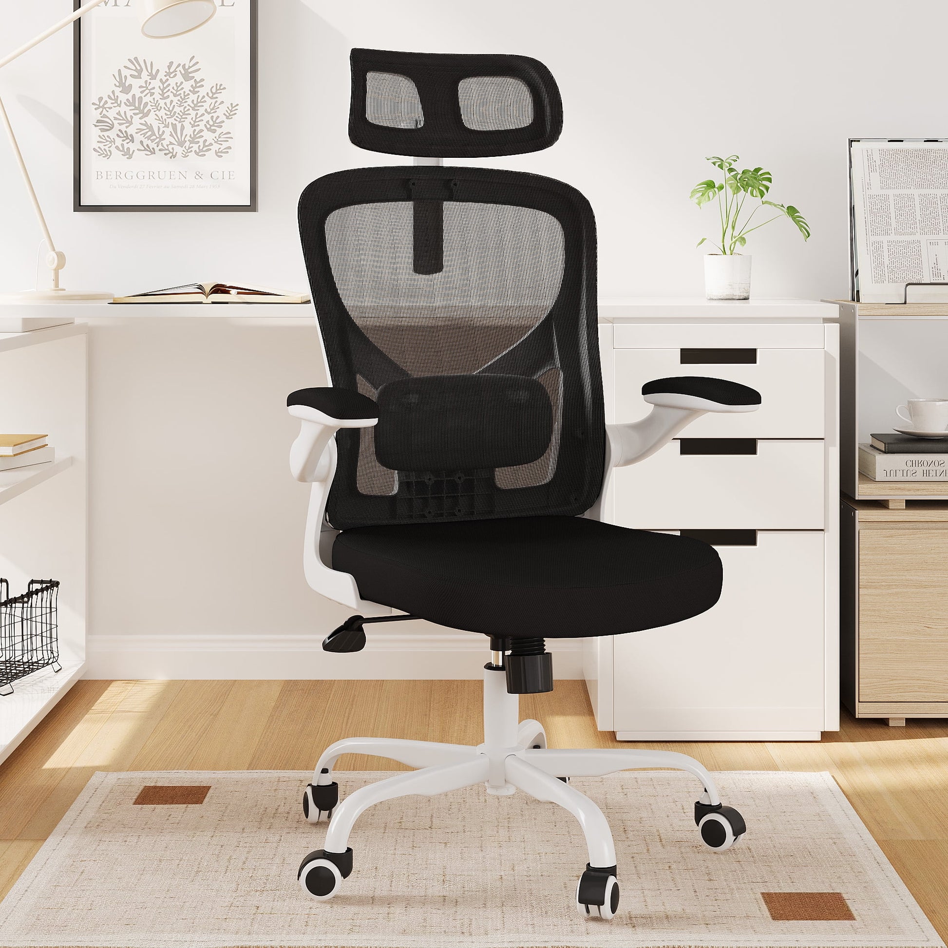 MAYEERTY Ergonomic Home Office Chair with Lumbar Support, Flip-Up Armrests, Headrest for Work & Study,White-black