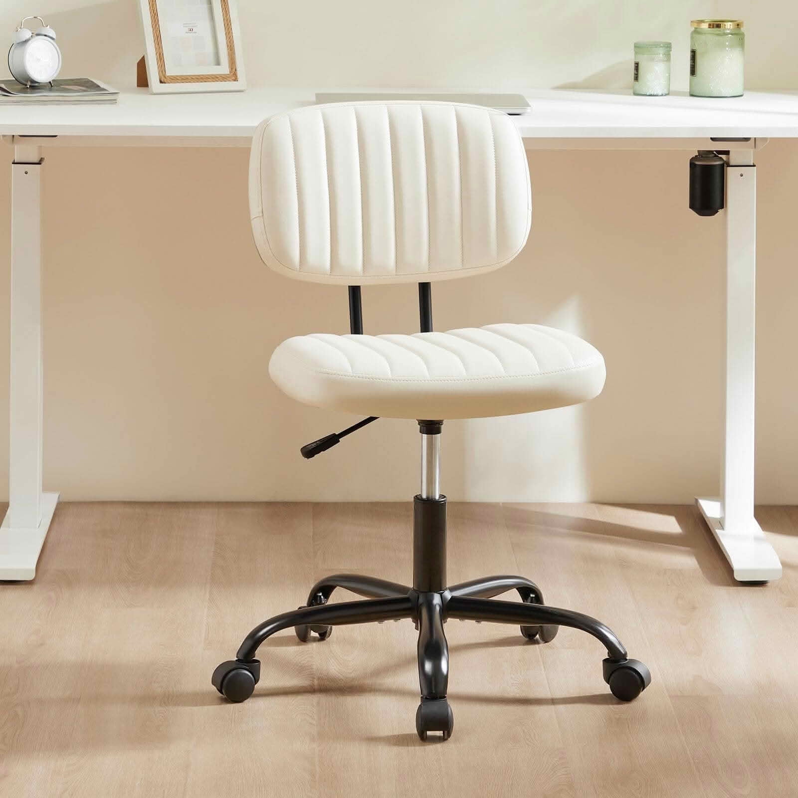 MAYEERTY 360Â° Swivel Armless Desk Chair, Height Adjustable PU Leather Rolling Computer Task Chair for Bedroom Nail Salon Vanity Room