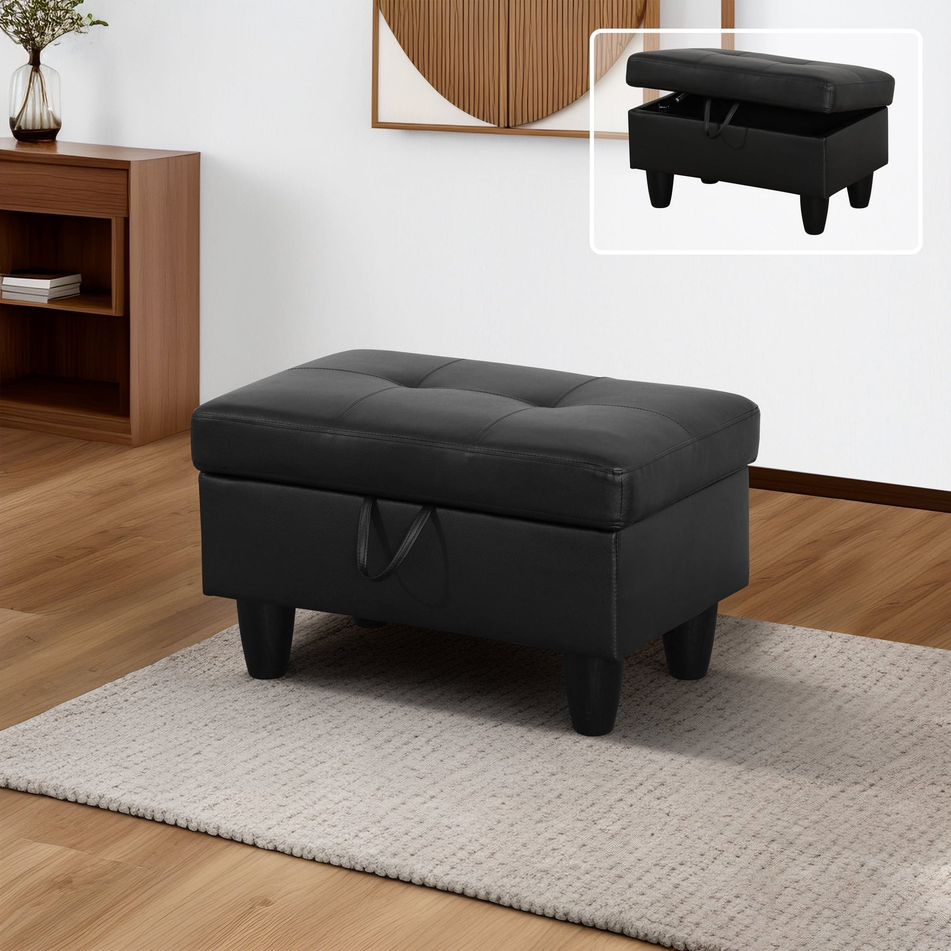 MAYEERTY Faux Leather Ottoman with Storage for Modular Sectional Sofa, Black