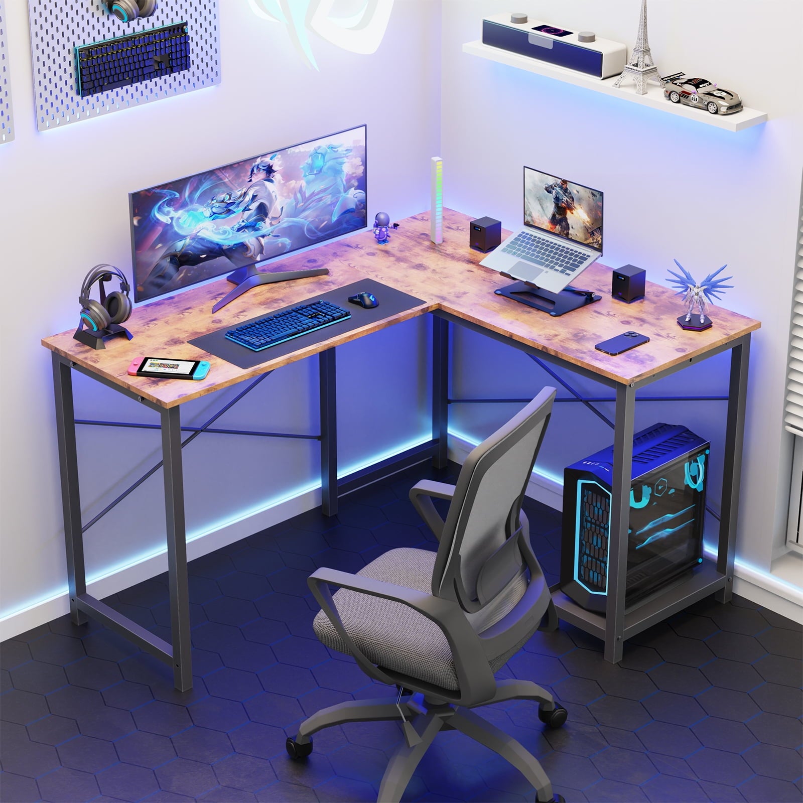 MAYEERTY L Shaped Computer Desk Study Writing Desk with CPU Stand Side Bag, White
