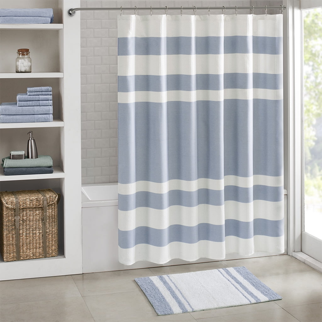 MAYEERTY Medium Pile Cotton Reversible Bathroom Rug, Non-Slip Bath Mat, Blue, 20"W x 30"L