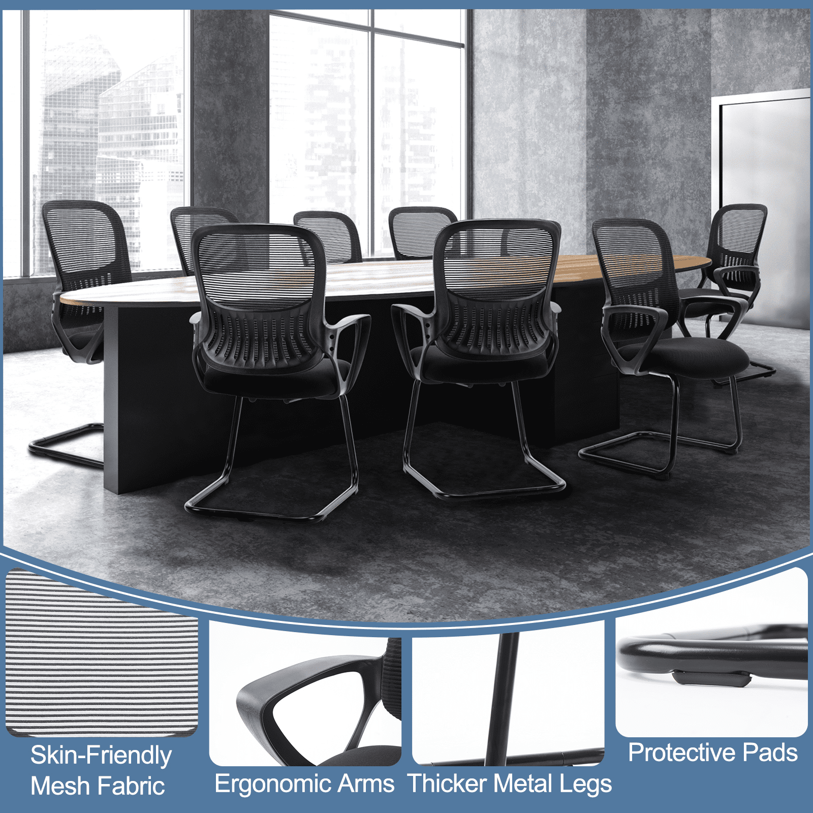 MAYEERTY Office Desk Chair No Wheels, Ergonomic Executive Sled Base Mesh Computer Chairs with Comfy Arms and Lumbar Support for Home Conference Room Bedroom