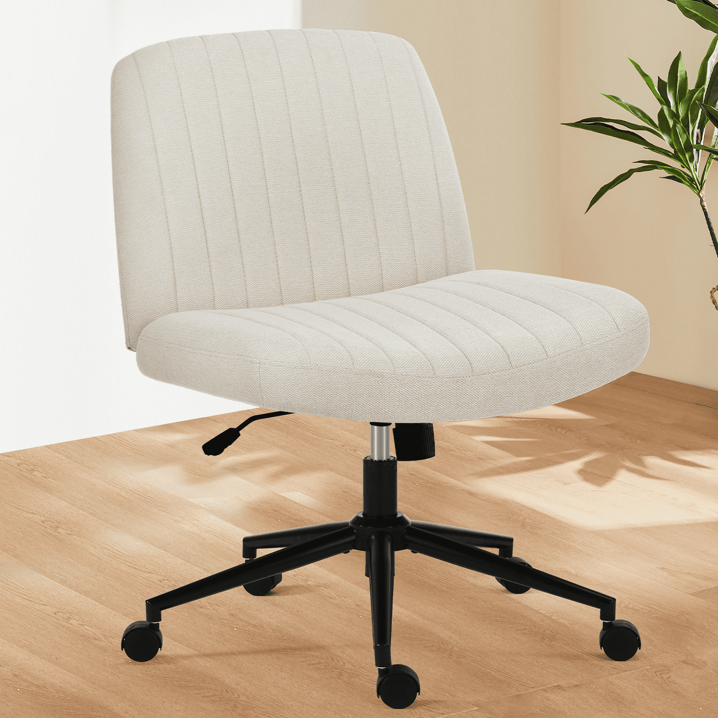 MAYEERTY Office Desk Vanity Chair Cross Legged Armless Swivel Fabric Height Adjustable Wide Seat with Replaceable Wheels/Fixed Base, Comfy Task Chair Padded