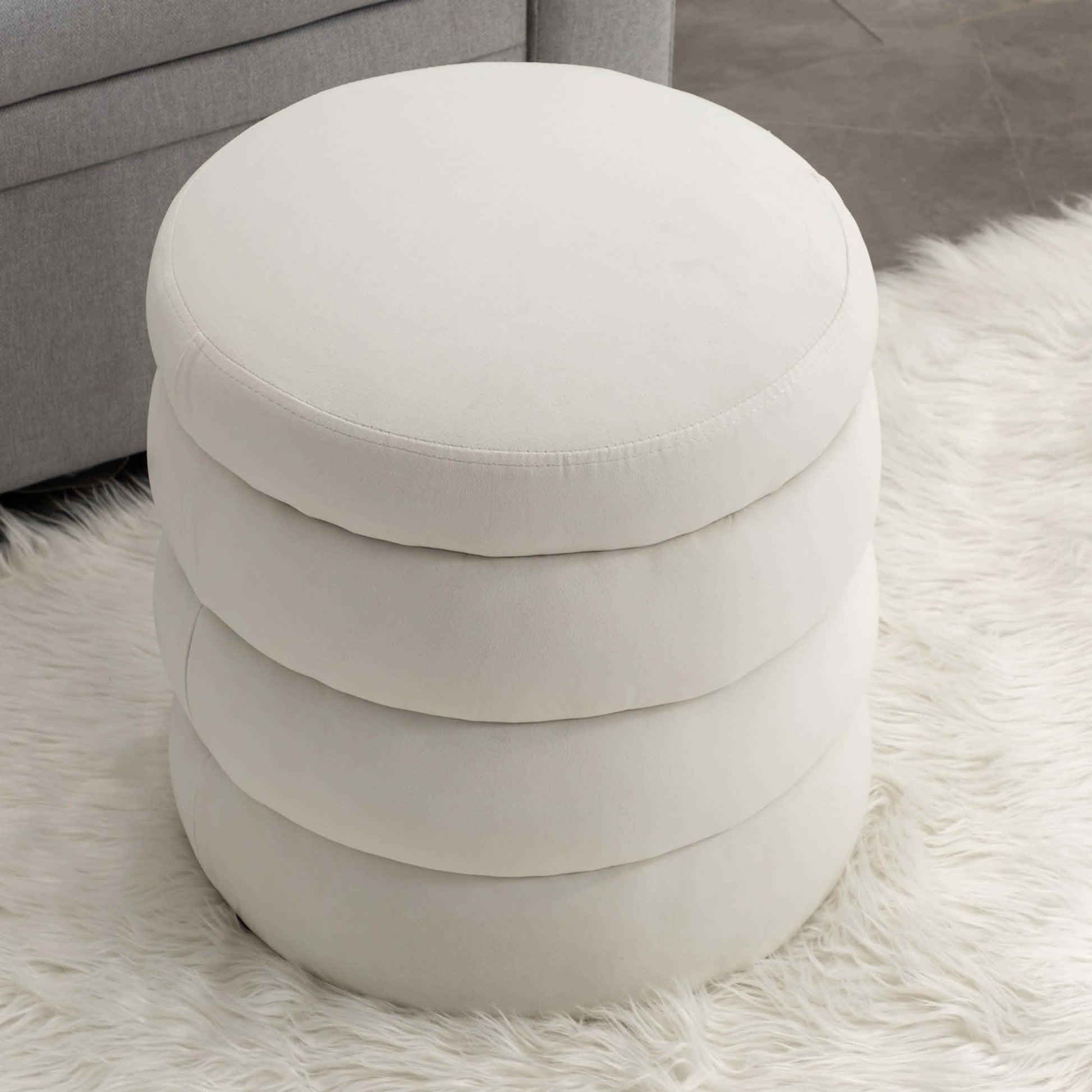 MAYEERTY Boucle Fabric Storage Round Ottoman Footrest Stool, with Wooden Shelving, Black