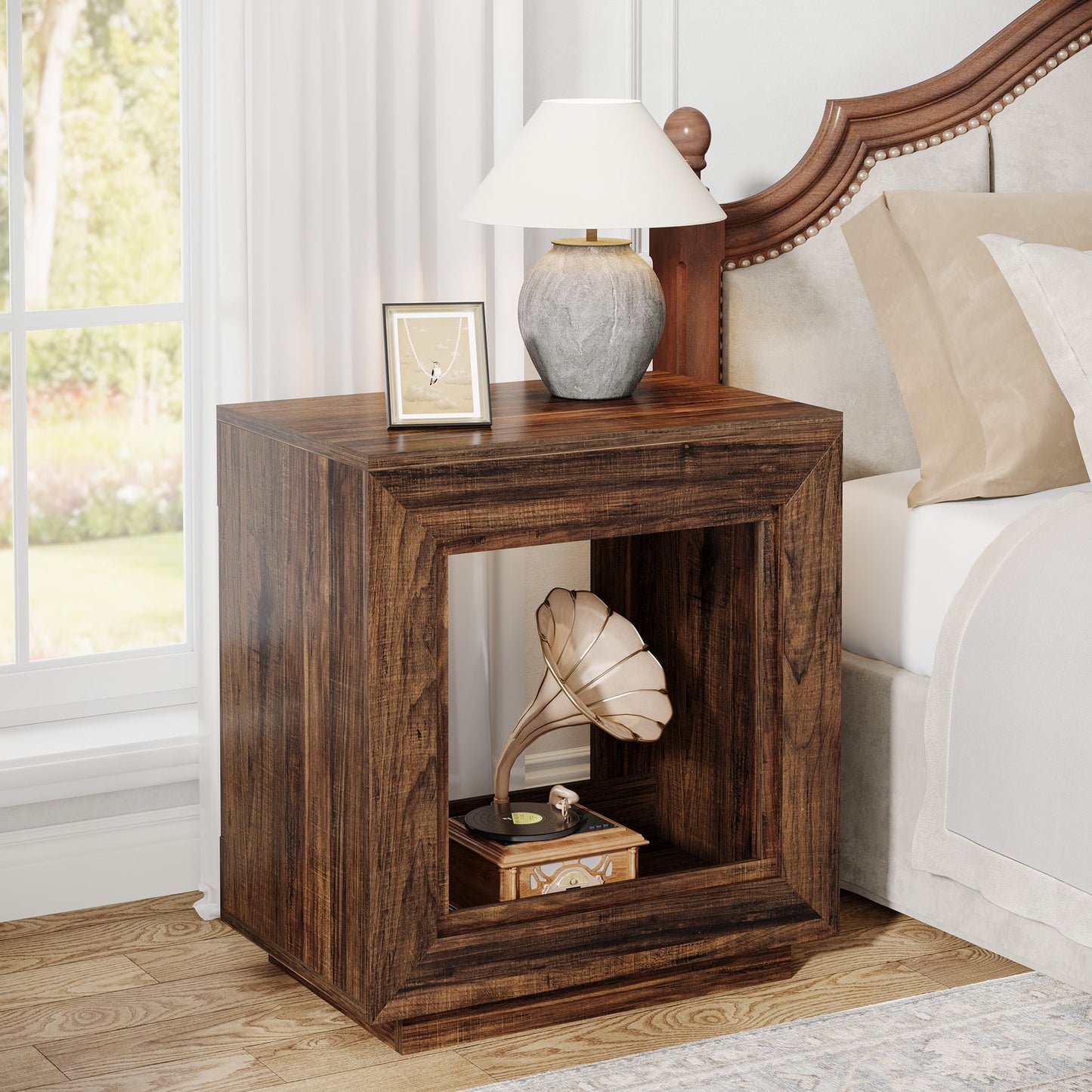 MAYEERTY 24" 2-Tier Square Farmhouse End Table, Rustic Brown Wooden Side Table with Storage Shelf, Multi-Purpose Bedroom Nightstand