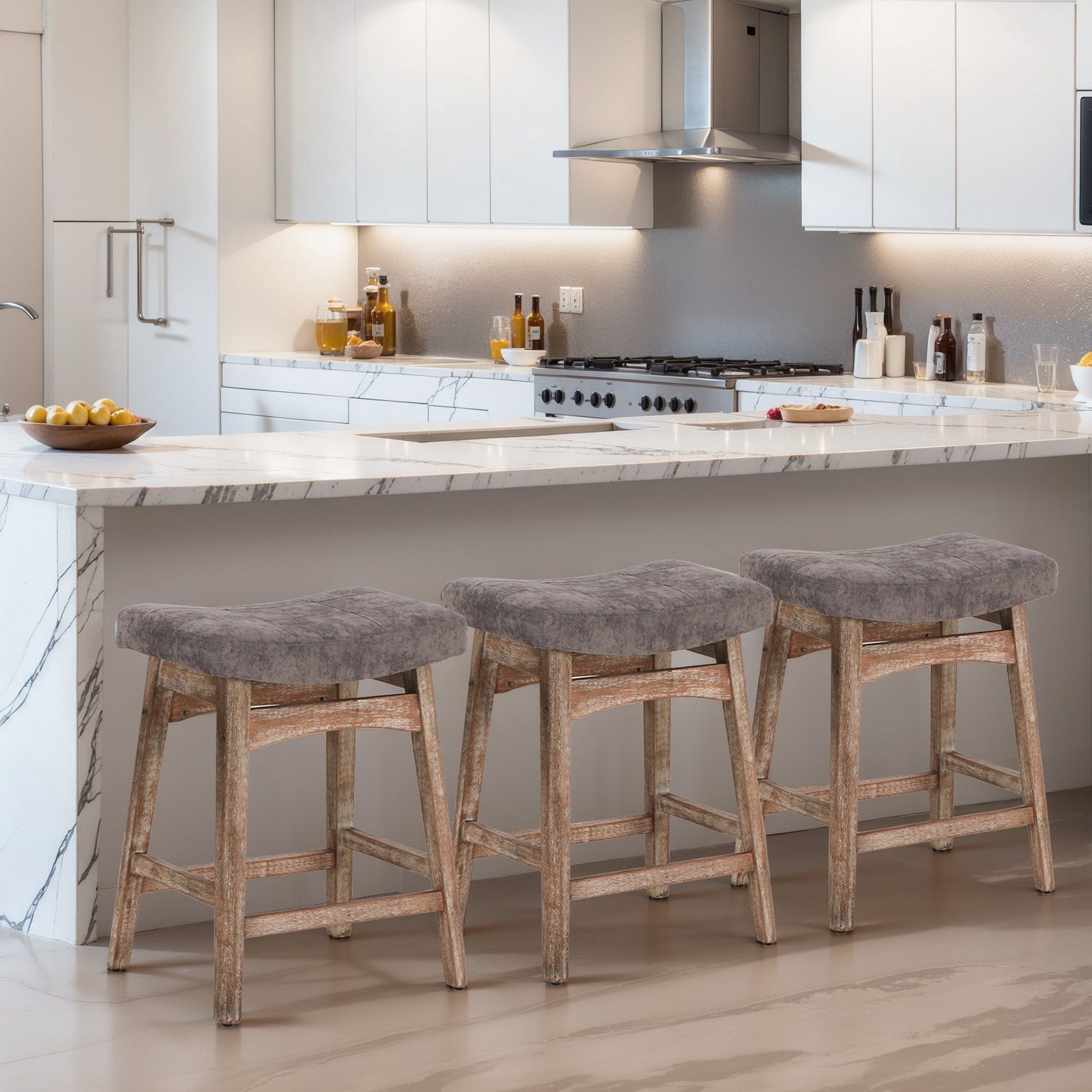 MF Studio 24" Counter Height Bar Stool Set of 4, PU Leather Padded Seat with Solid Wood Legs, White