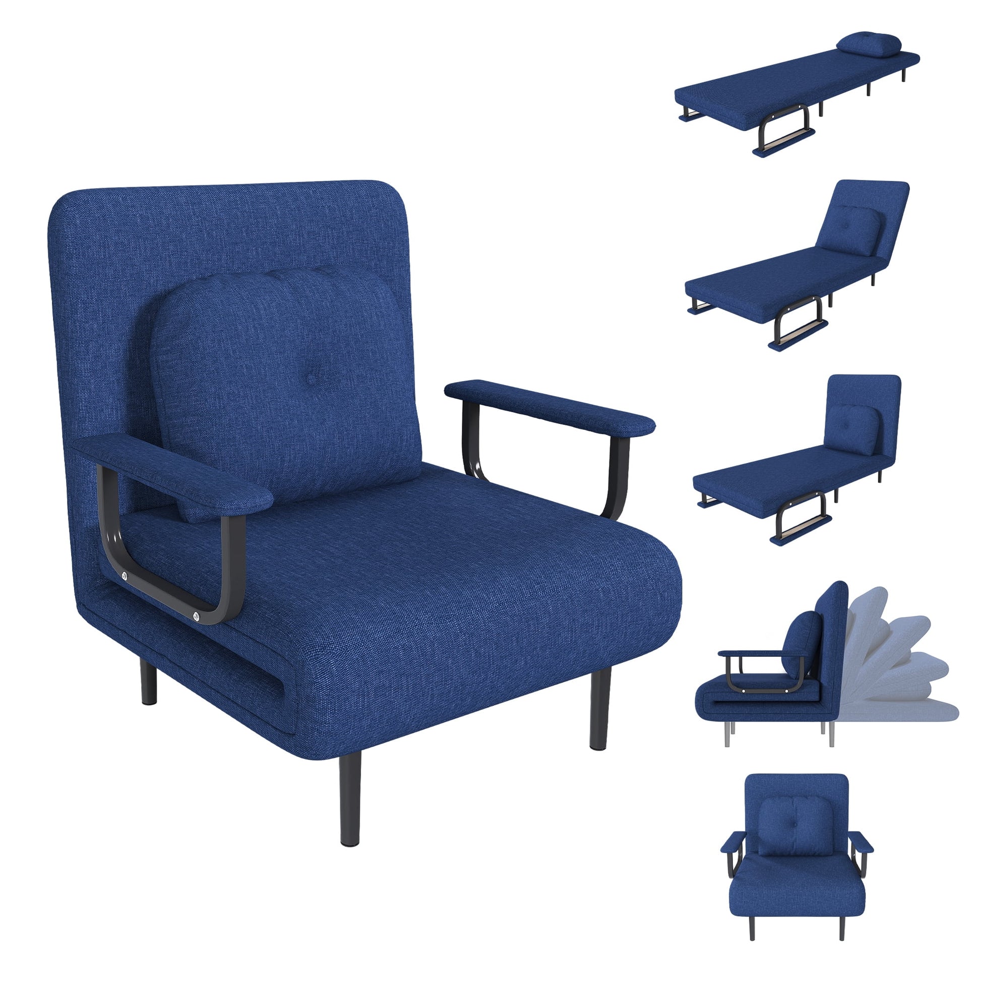 MOONMISS 5 in 1 Convertible Chair Bed Sleeper with Adjustable Backrest Pillow Comfy Single Futon Sofa Bed for Small Spaces,Blue