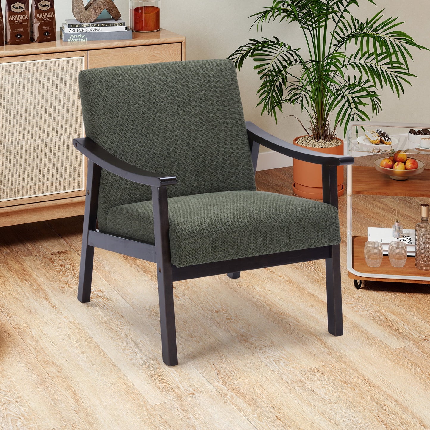 MOONMISS Accent Chair, Upholstered Comfy Single Sofa with Wood Feet, Mid Century Armchair for Bedroom, Living Room, Modern Comfy Reading Chair,Green