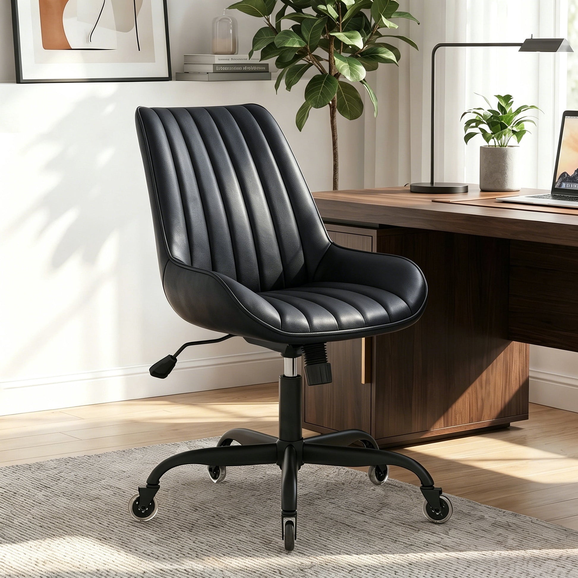 MOONMISS Armless Office Desk Chair Modern Upholstered Faux Leather Swivel Task Chair,Black