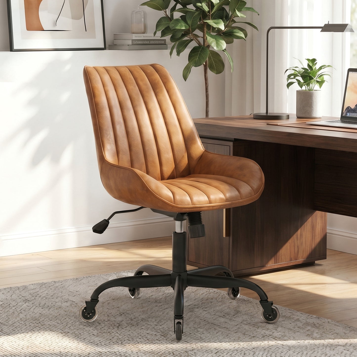 MOONMISS Armless Office Desk Chair Modern Upholstered Faux Leather Swivel Task Chair,Brown