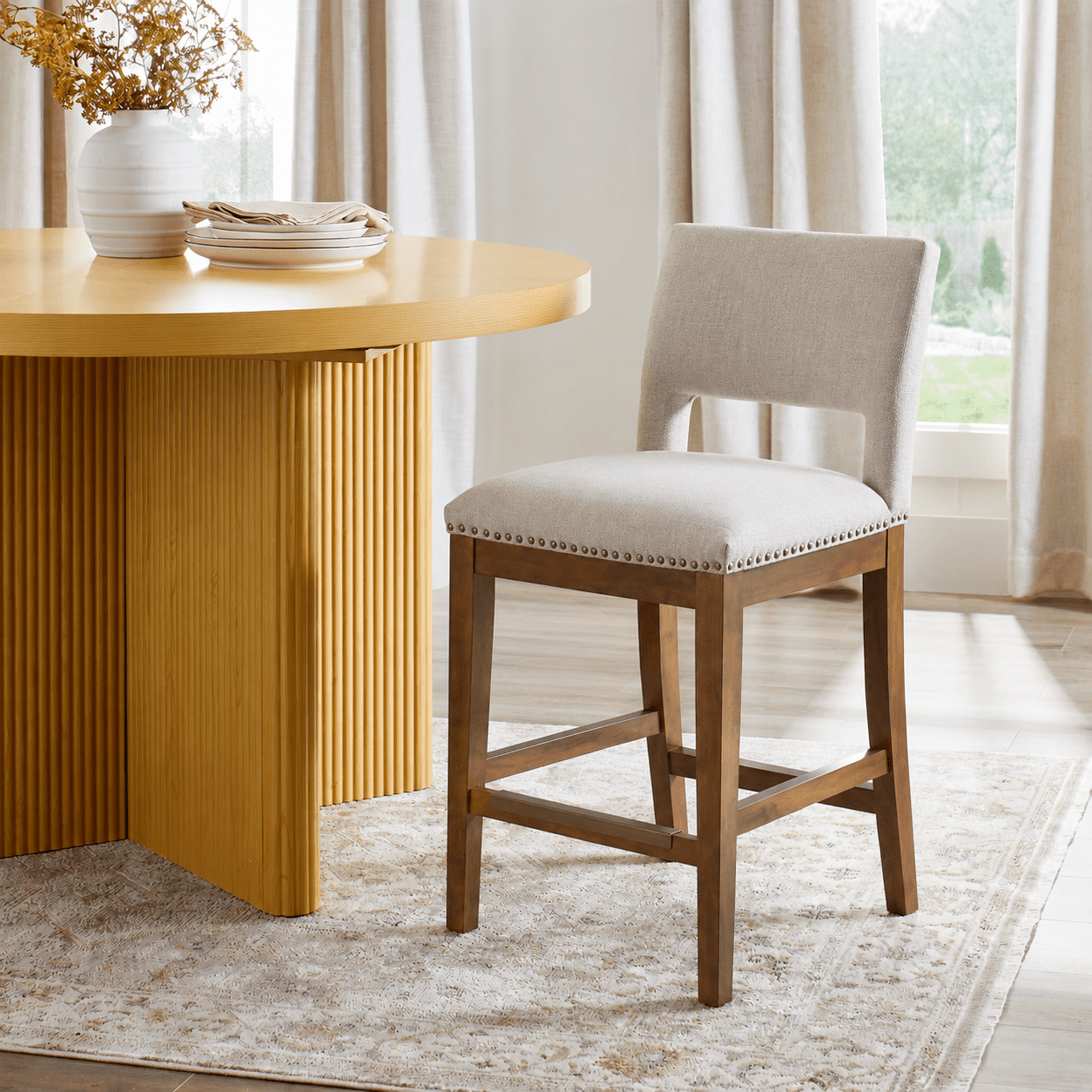 MOONMISS Linen Bar Stool with Open Back,26" Seat Height Upholstered Wooden Counter Chair with Nailhead Trim for Kitchen