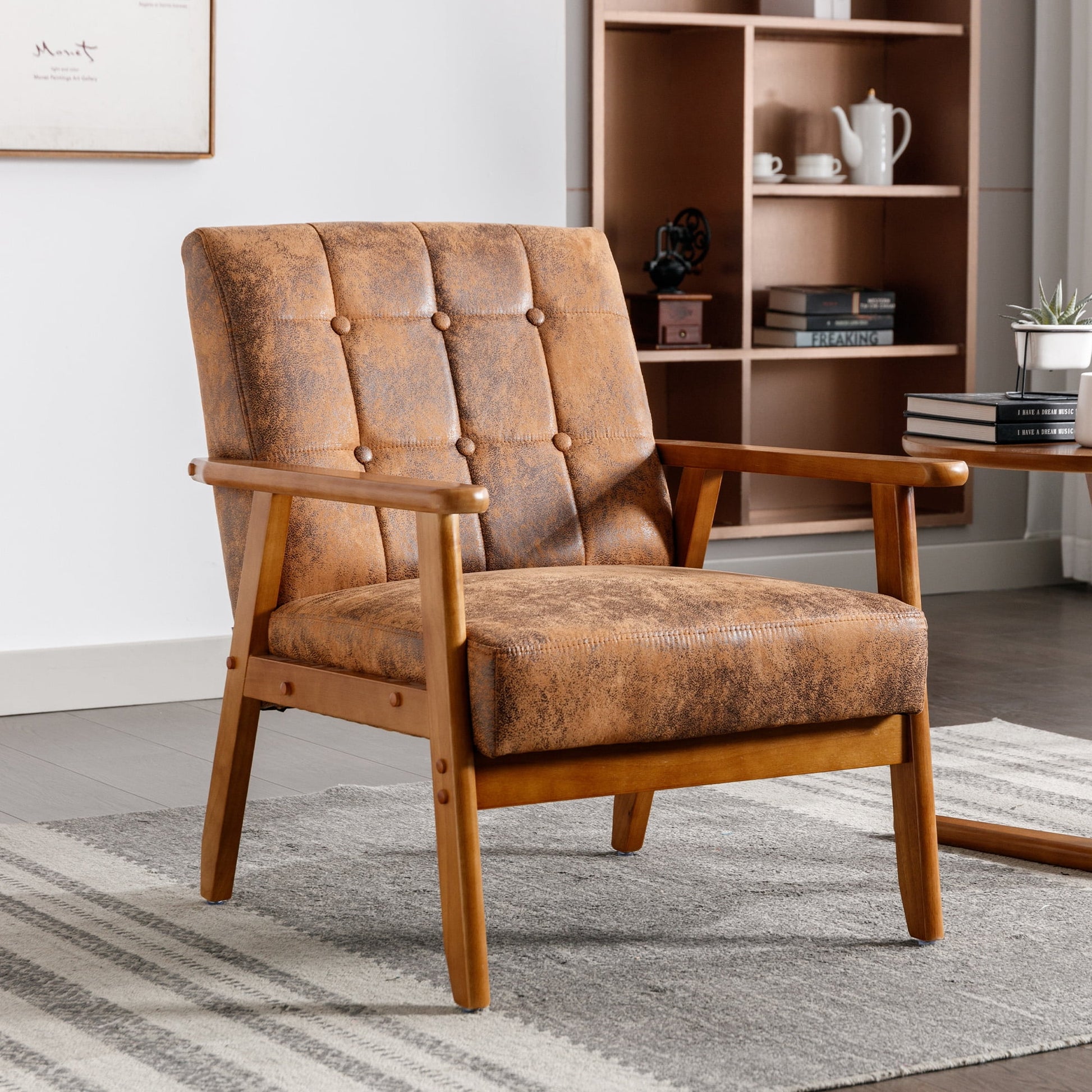 MOONMISS Mid Century Modern Arm Chair with Rubber Wood Frame, Accent Chair with Velvet Upholstery for Living Room Bedroom Reading Room, Easy Assembly,Coffee