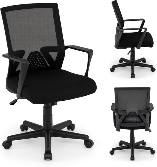 MOONMISS Office Desk Chair with Lumbar Support, Ergonomic Mesh Office Chair with Wheels and Armrests, Mid Back Rolling Swivel Adjustable Task Chair, Executive Computer Chair for Home Office, Black