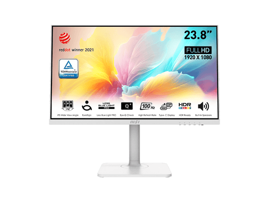 MSI Modern MD2412PW 24-inch IPS 1920 x 1080 (FHD) Computer Monitor, 100Hz, Adaptive-Synch, HDR Ready, HDMI, USBC 15W Power Delivery, Speaker, VESA Mountable, Height Adjustable, 1ms, White