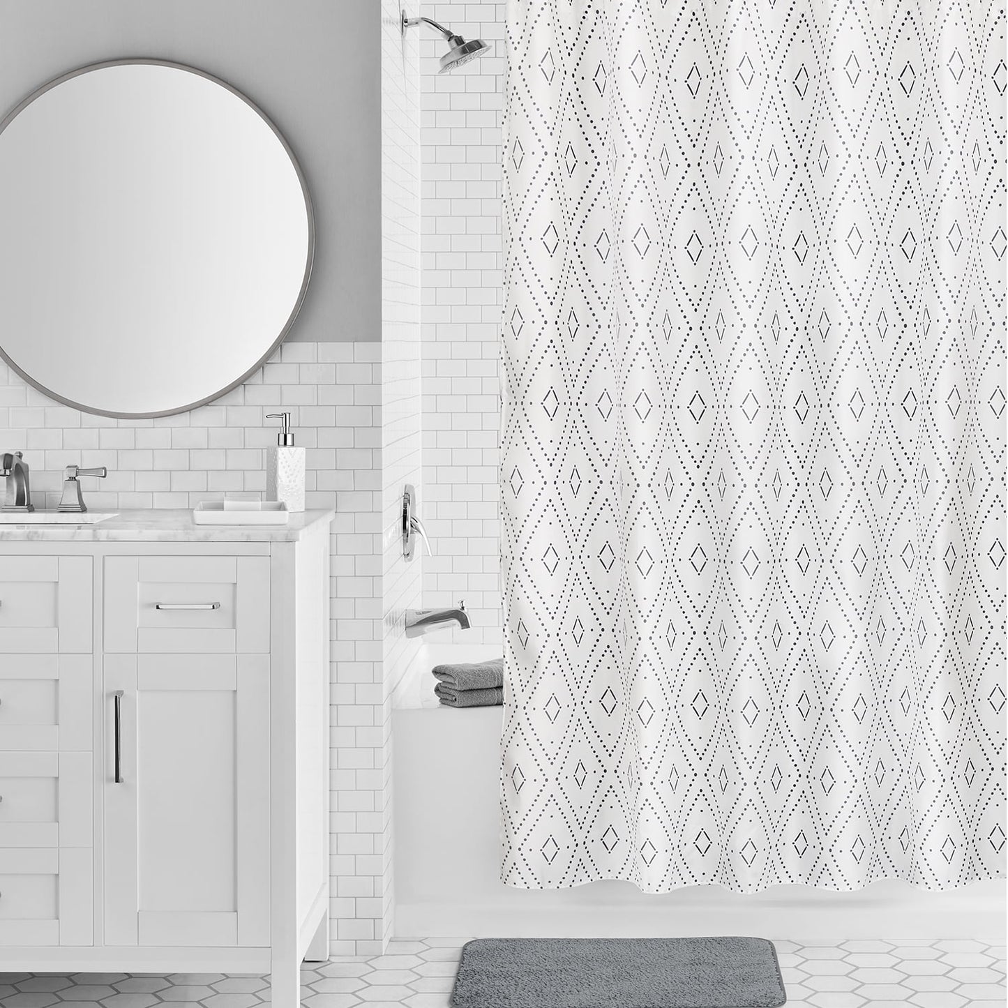 Mainstays 16-Piece White Diamond Pattern Shower Curtain Bathroom Set â€“ Fabric Curtain with Rug, Hooks, Soap Dispenser & Tray