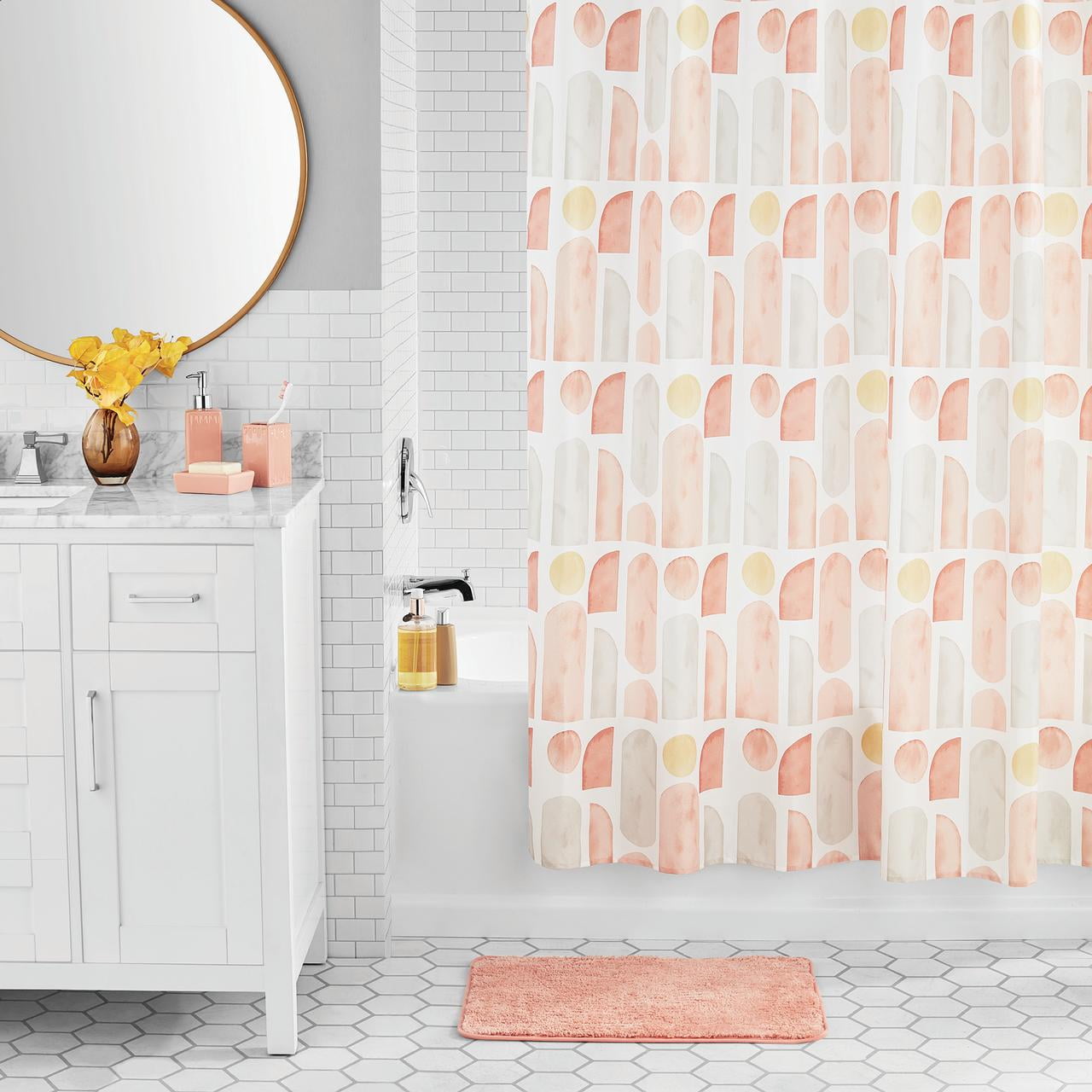 Mainstays Juego de Cortina de Ducha y Accesorios de BaÃ±o de PoliÃ©ster/cerÃ¡mica con Estampado GeomÃ©trico de 17 Piezas, Terracota