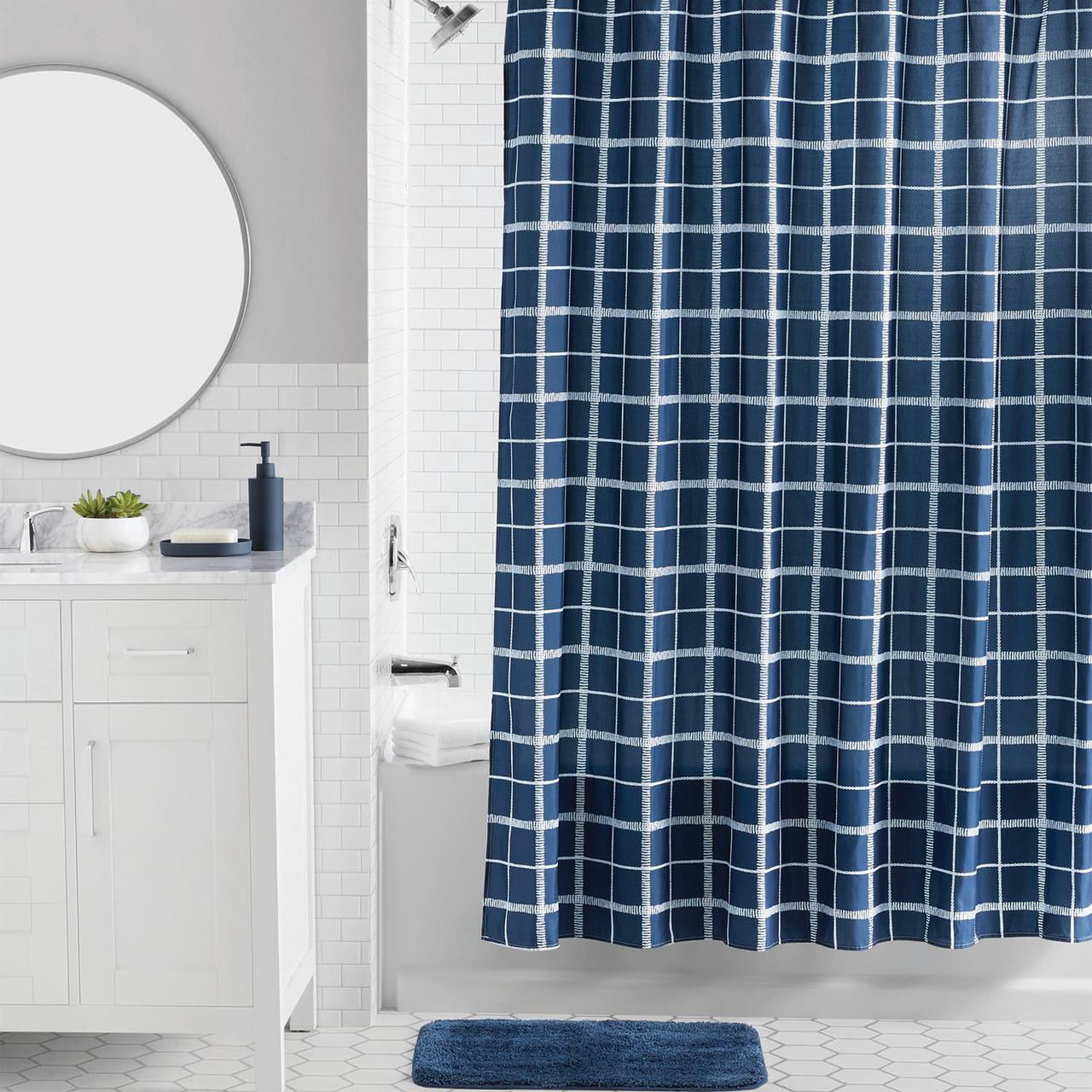 Mainstays 16-Piece Navy Blue Check Shower Curtain Bathroom Set â€“ Fabric Curtain with Rug, Hooks, Soap Dispenser & Tray