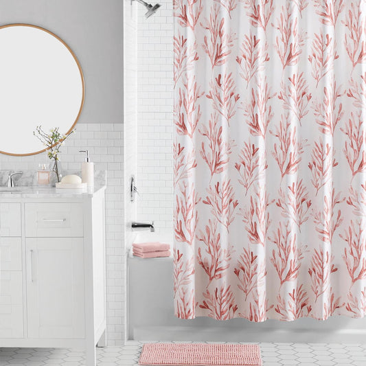 Mainstays 16-Piece Pink Coastal Botanical Shower Curtain Bathroom Set â€“ Fabric Curtain with Rug, Hooks, Soap Dispenser & Tray
