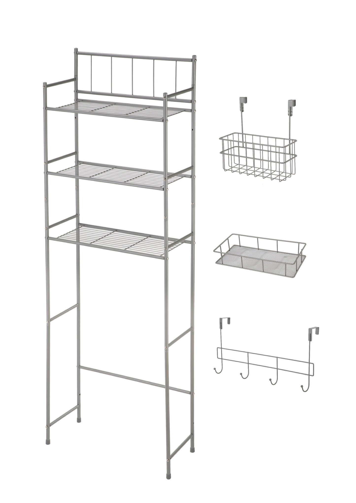 Mainstays Satin Nickel Over the Toilet Bathroom Storage Shelf Unit Set with Space Saver, Basket and Hooks, 4-Piece