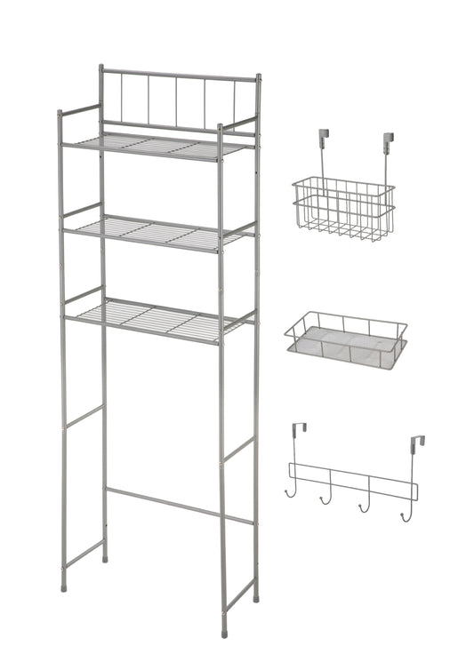 Mainstays Satin Nickel Over the Toilet Bathroom Storage Shelf Unit Set with Space Saver, Basket and Hooks, 4-Piece