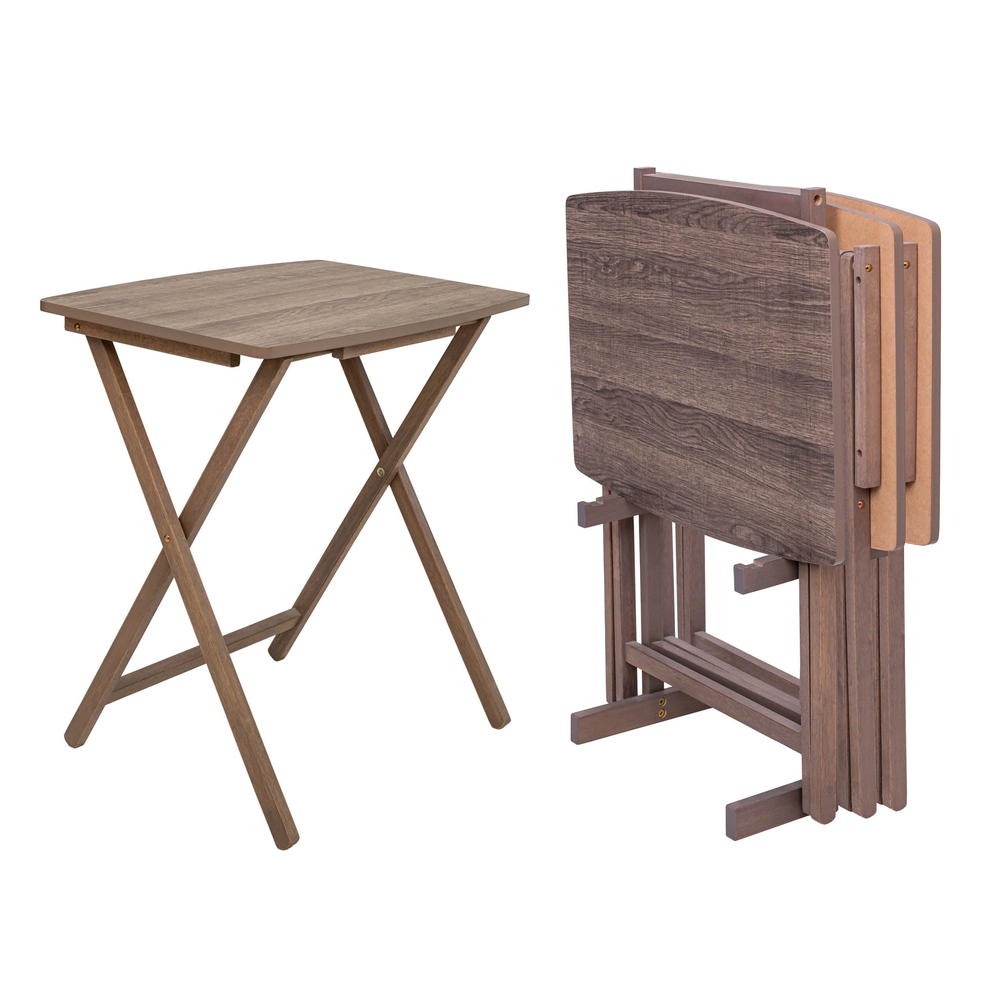 Mainstays XL Oversized 5-Piece Rubberwood Folding TV Tray Table Set of 4 with Storage Rack, Rustic Gray
