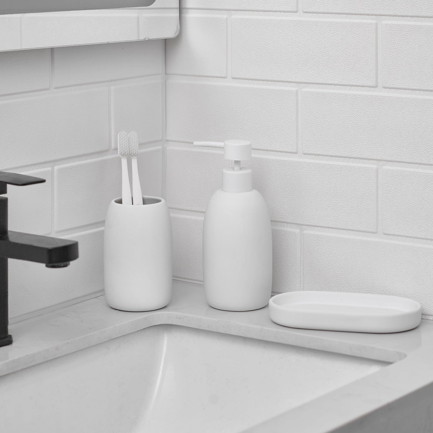 Mainstays Ceramic Stoneware Bath Accessories 3-Piece Set, White â€“ Soap Pump Dispenser, Tumbler, and Accessory Tray