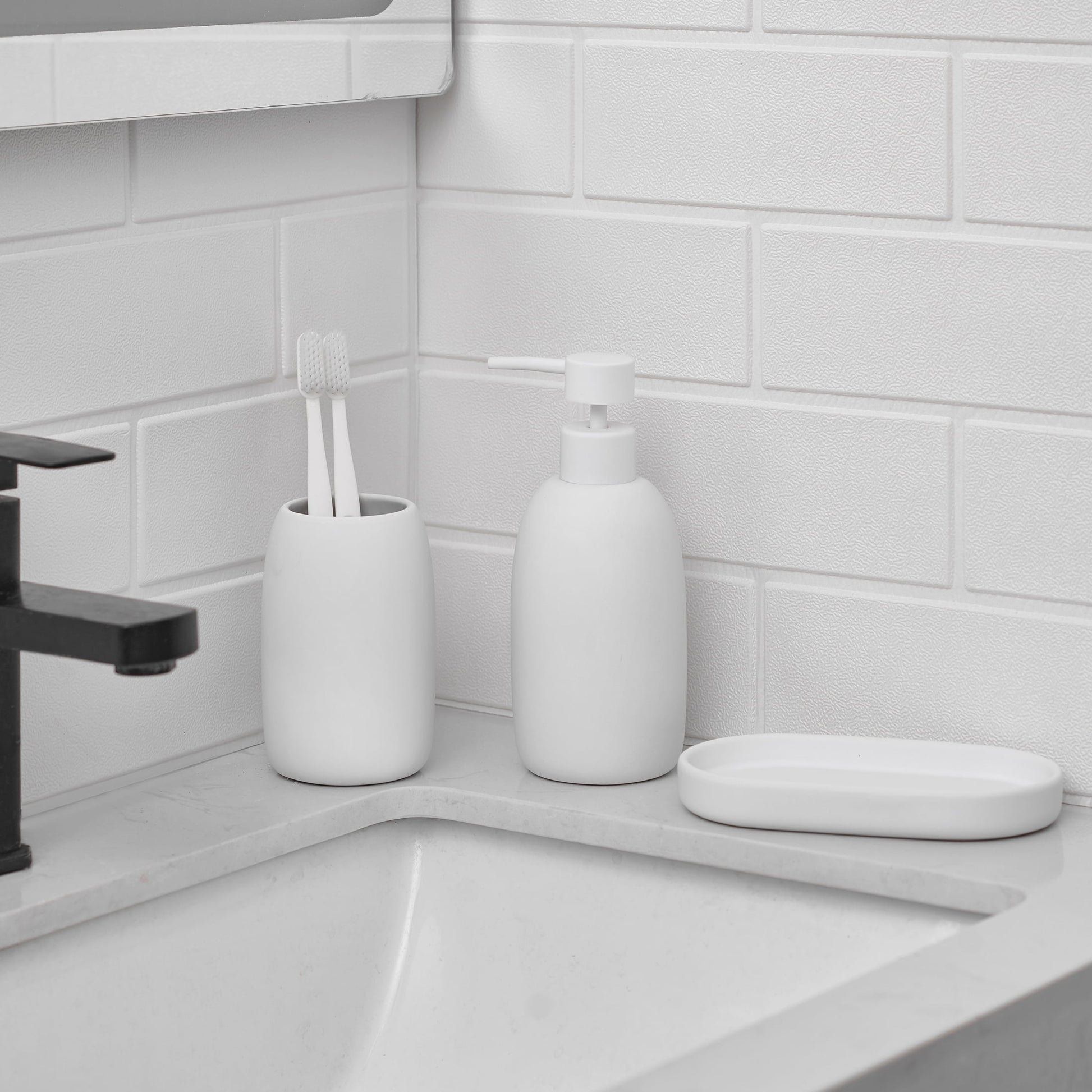 Mainstays Ceramic Stoneware Bath Accessories 3-Piece Set, White â€“ Soap Pump Dispenser, Tumbler, and Accessory Tray