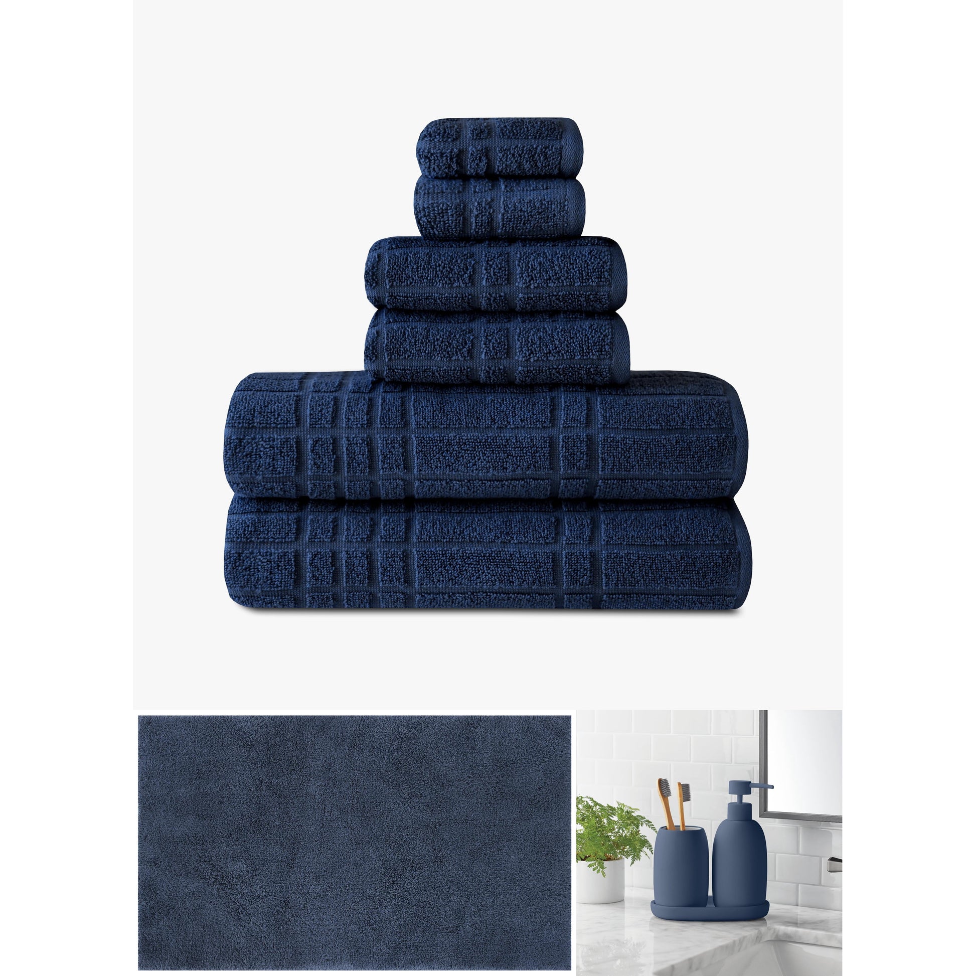 Mainstays Complete Bathroom Essentials Set â€“ Cotton Towels, Bath Rug & 3-Piece Bath Accessories, Navy