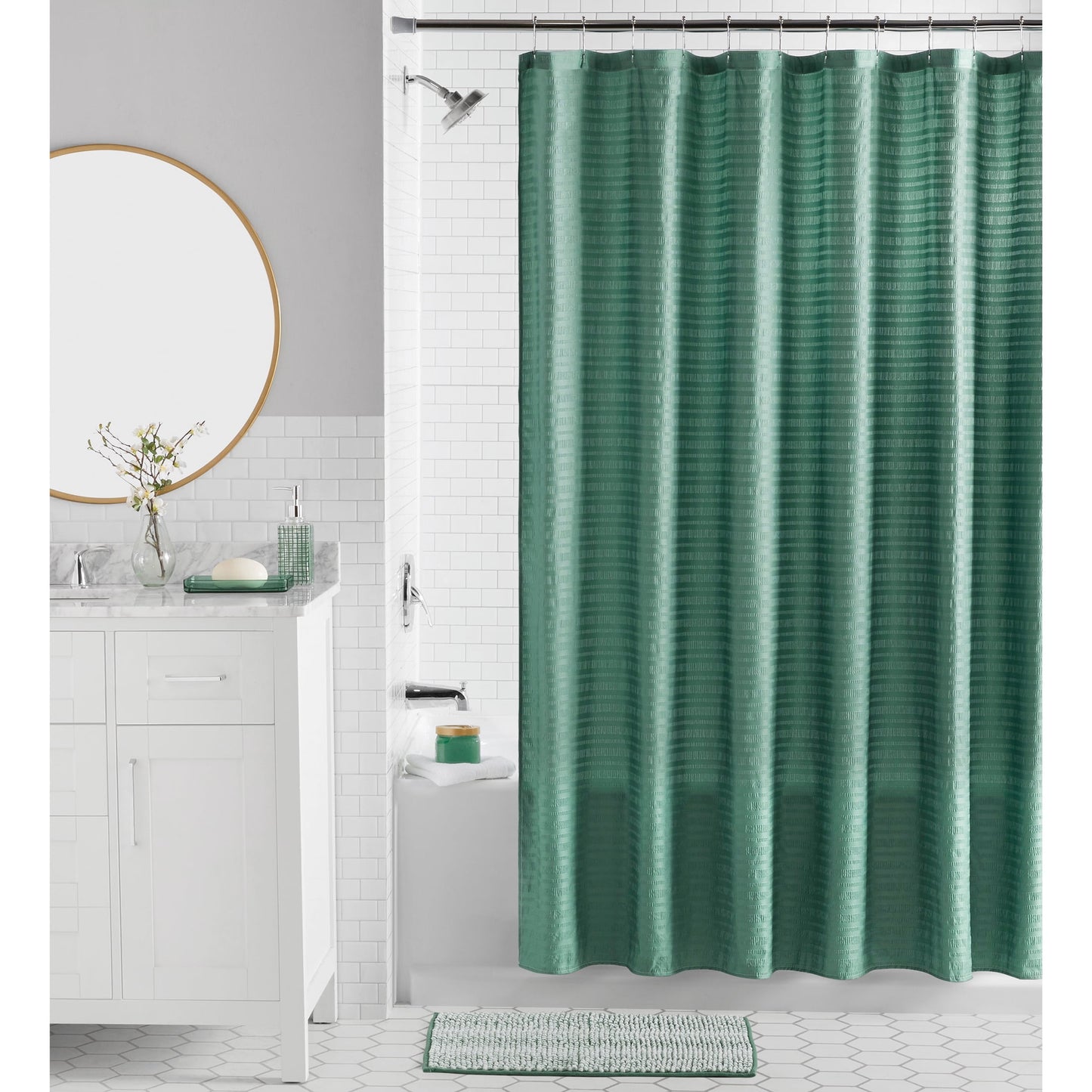 Mainstays 16-Piece Green Textured Solid Shower Curtain Bathroom Set â€“ Green Fabric Curtain with Rug, Hooks, Soap Pump & Tray