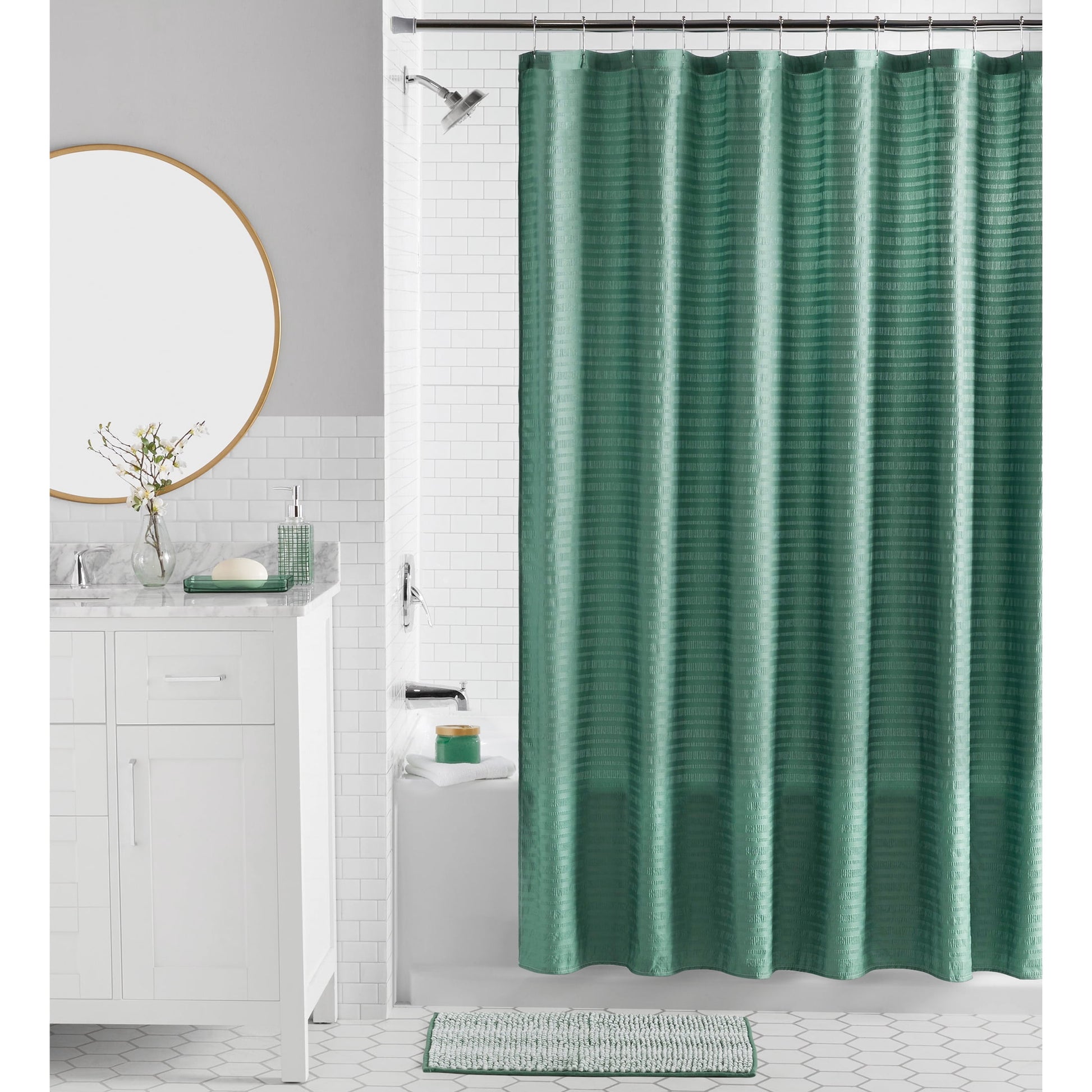 Mainstays 16-Piece Green Textured Solid Shower Curtain Bathroom Set â€“ Green Fabric Curtain with Rug, Hooks, Soap Pump & Tray