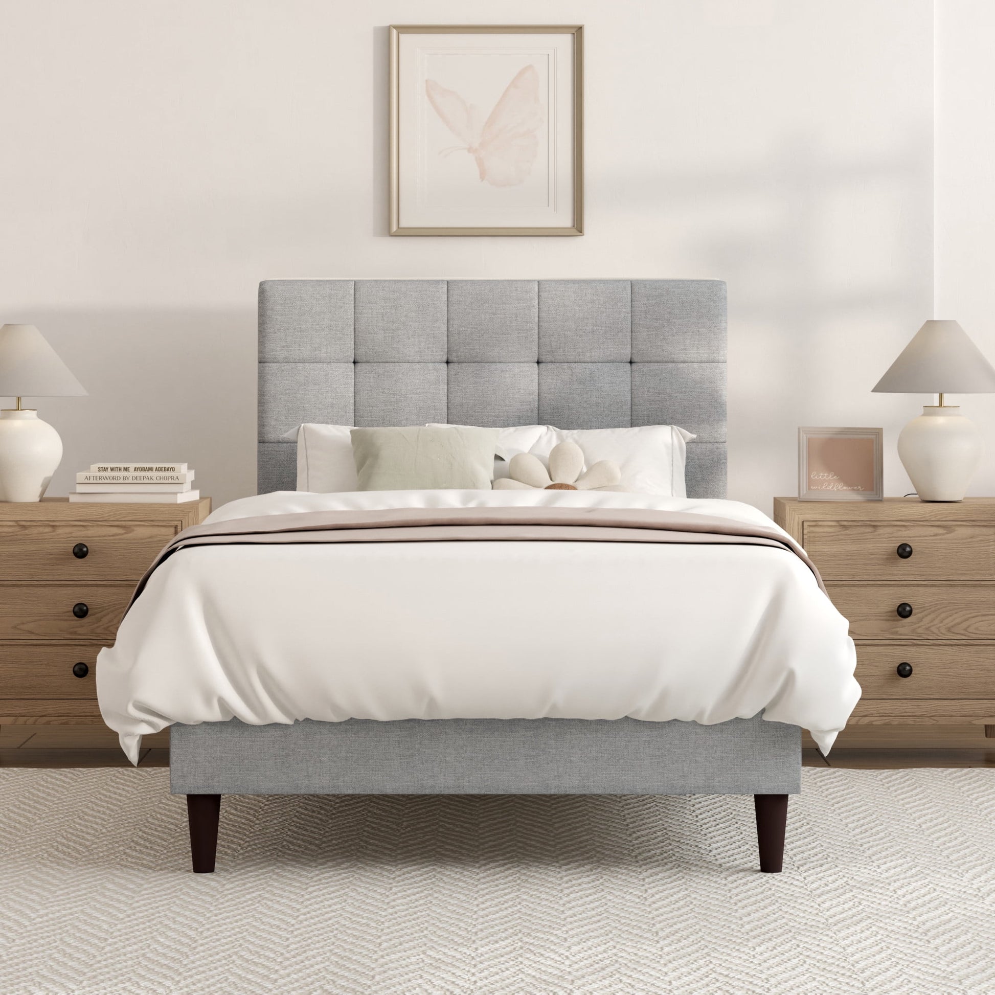 Mainstays Hillside Square Tufted Upholstered Twin Platform Bed, Light Gray Fabric