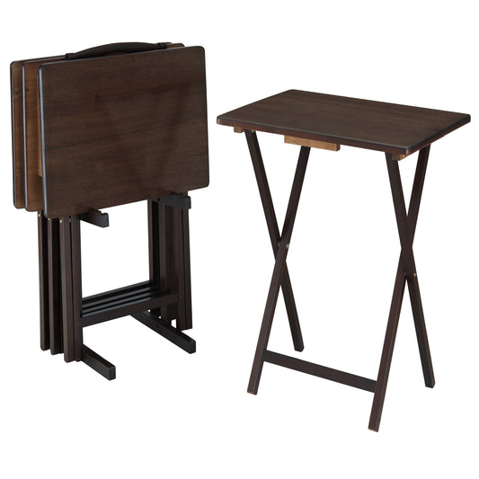 Mainstays 5-Piece Rubberwood Folding TV Tray Table Set of 4 with Storage Rack, Walnut