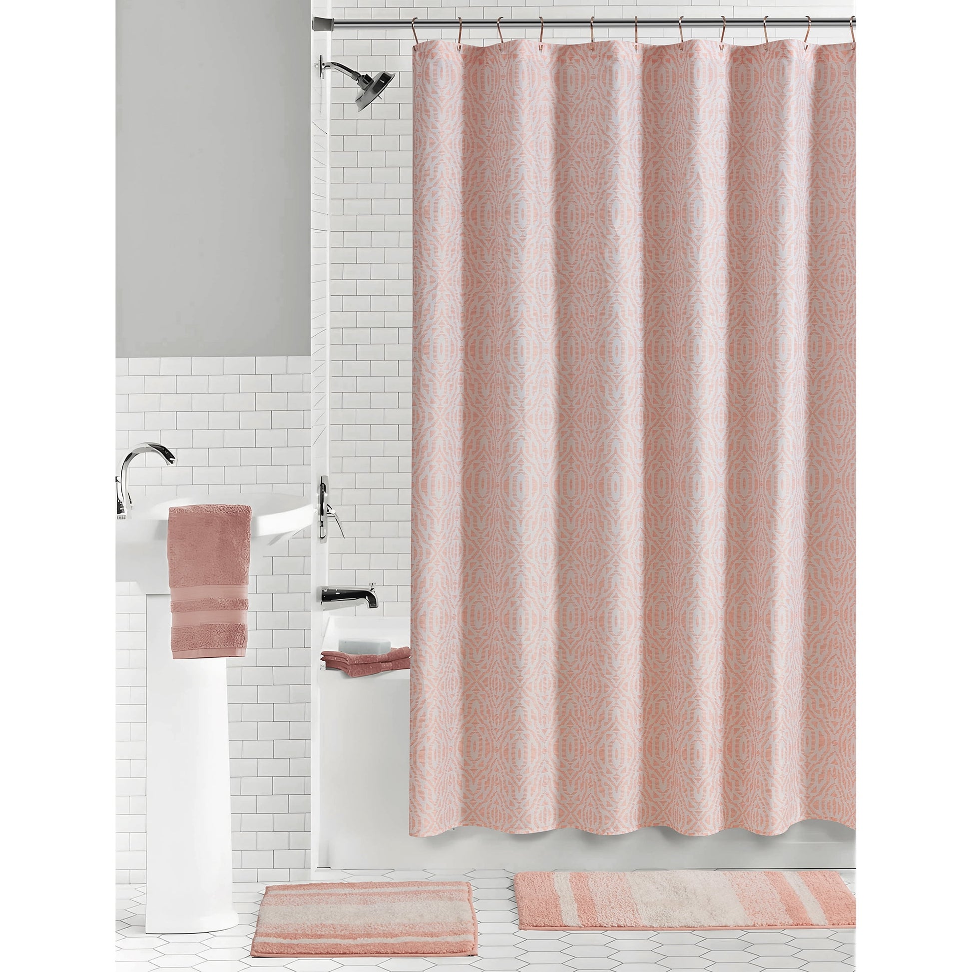 Mainstays Savine Ikat 15 Piece Shower Curtain Bath Set, 70 x 72, Pink