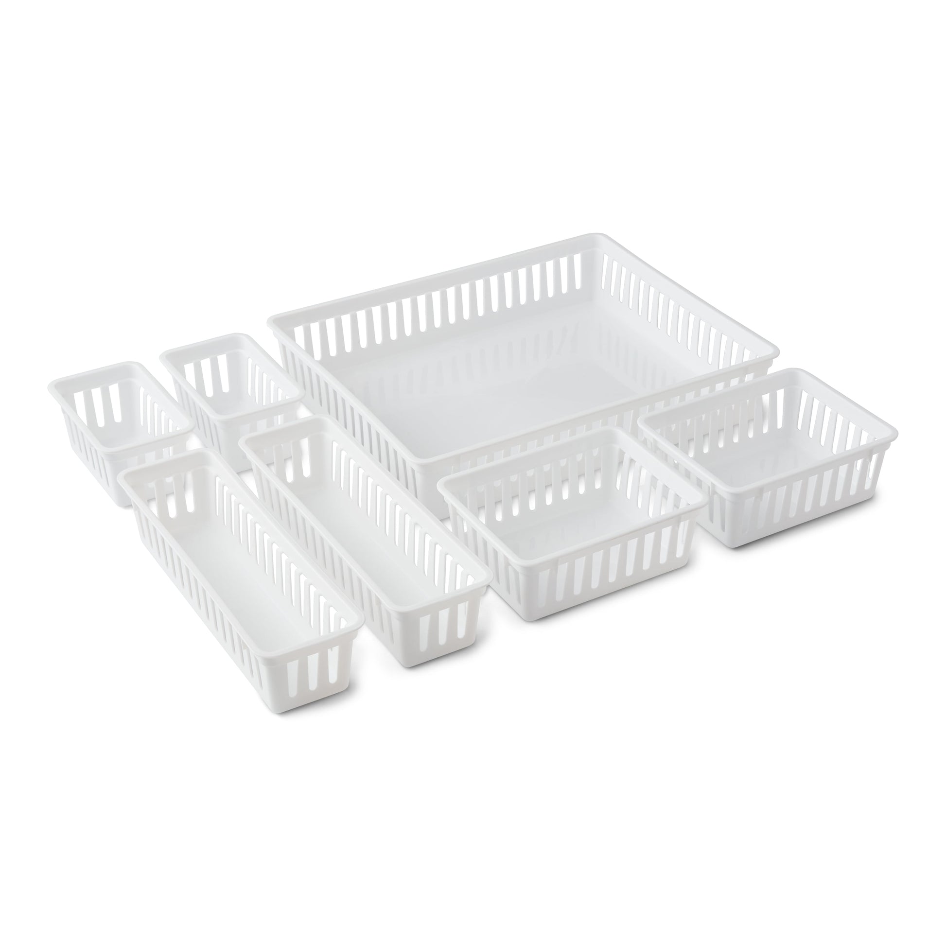 Mainstays 7-Piece Drawer Storage Organizer Bin Set, Plastic Drawer Organizer Containers for Kitchen, Desk, Bathroom and Vanity Drawer Organization