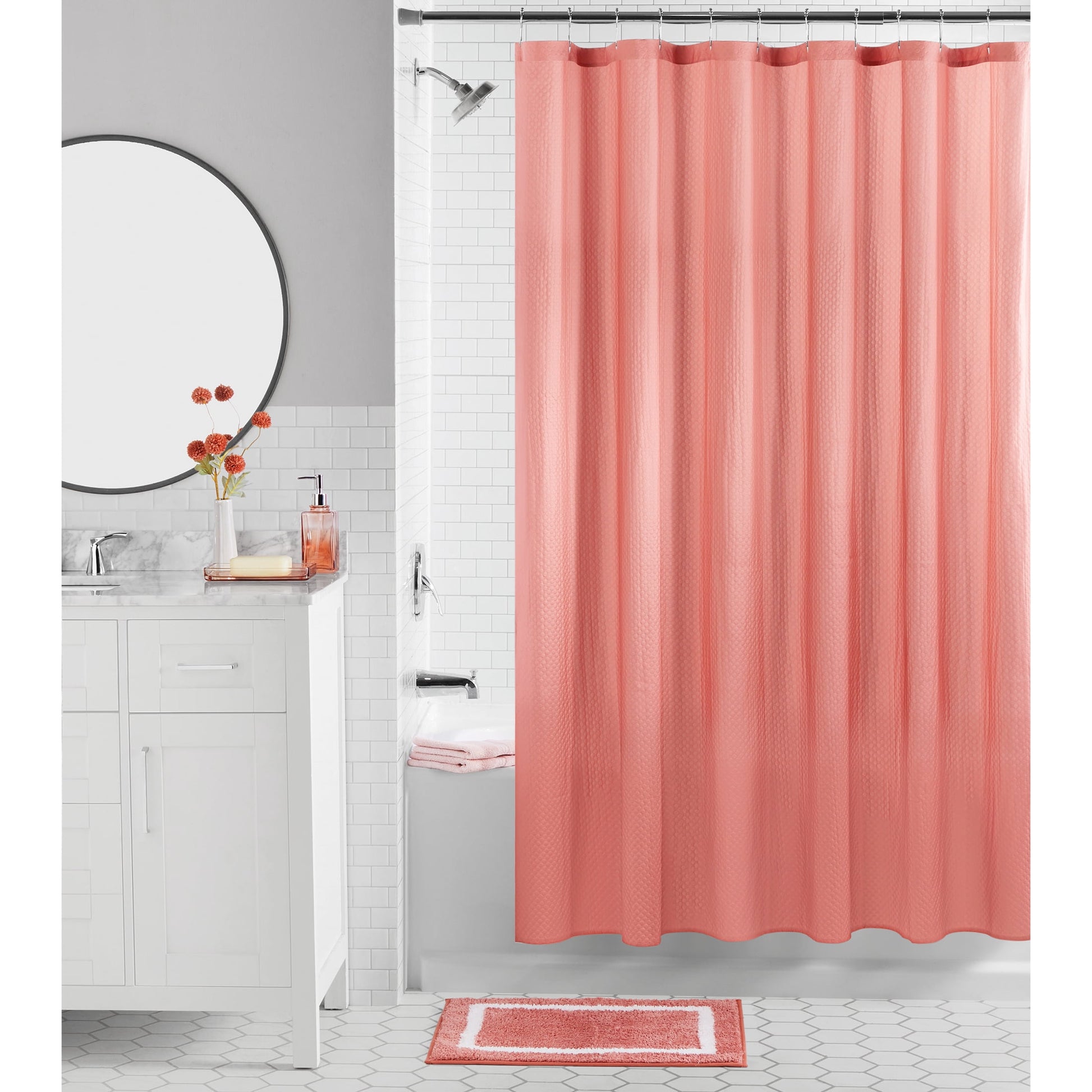 Mainstays 16-Piece Terracotta Textured Shower Curtain Bathroom Set â€“ Fabric Curtain with Rug, Hooks, Soap Pump & Tray