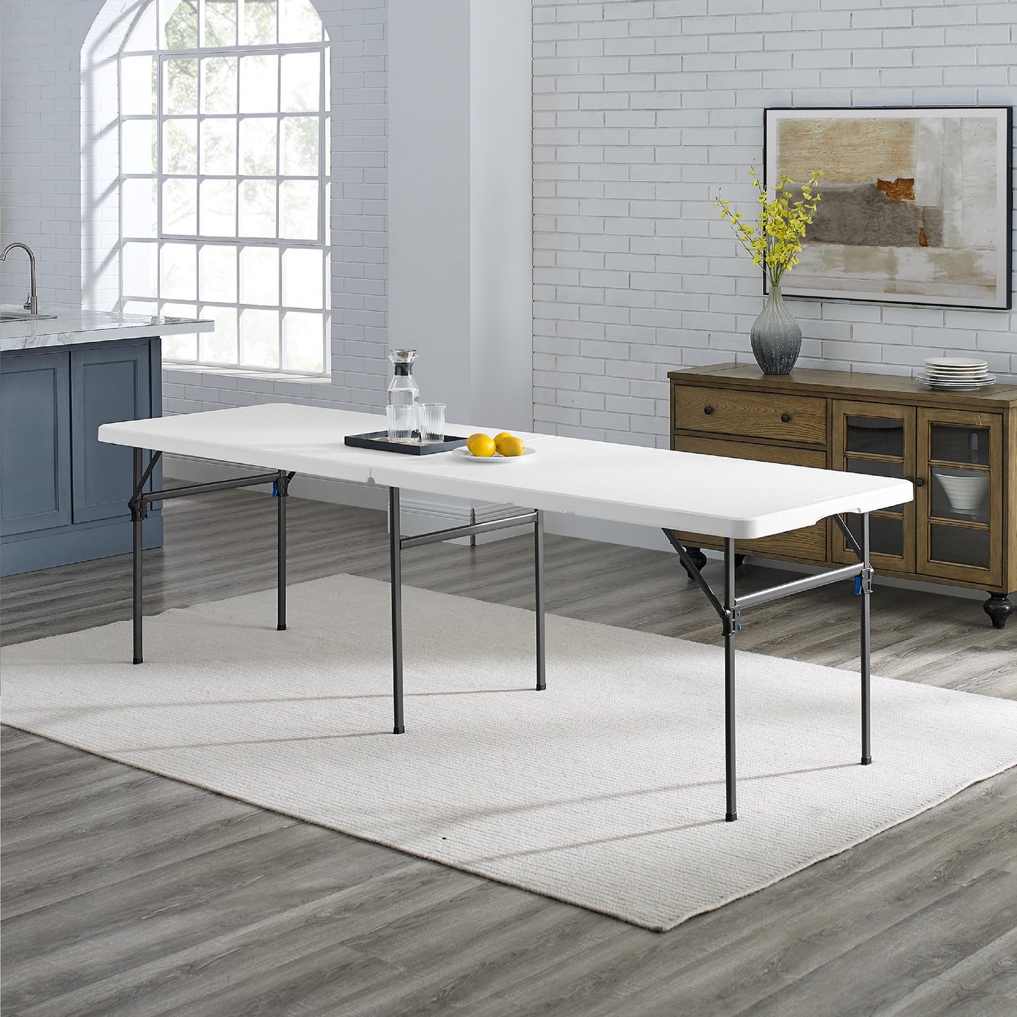 Mainstays Black 8 Foot Easy Fold Folding Plastic Table, Heavy Duty, Indoor Outdoor, Scratch Resistant, Stain & UV Damage