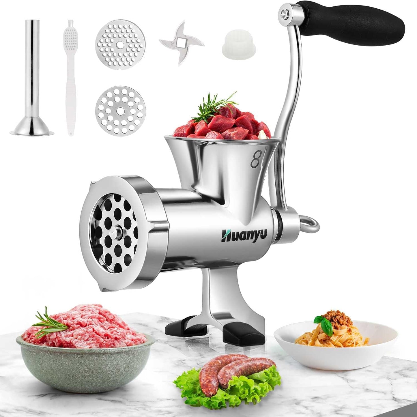 Meat Grinder Manual Stainless Steel Compact Meat Mincer Sausage Stuffer Hand-Cranked Meat Grinding Machine Household for Chicken Bone Beef Chili M8