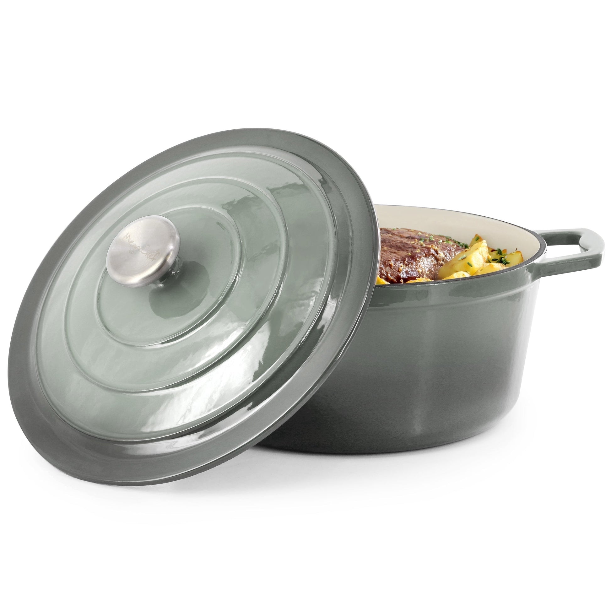 MegaChef 5 Quarts Round Enameled Cast Iron Casserole with Lid in Gradient Gray