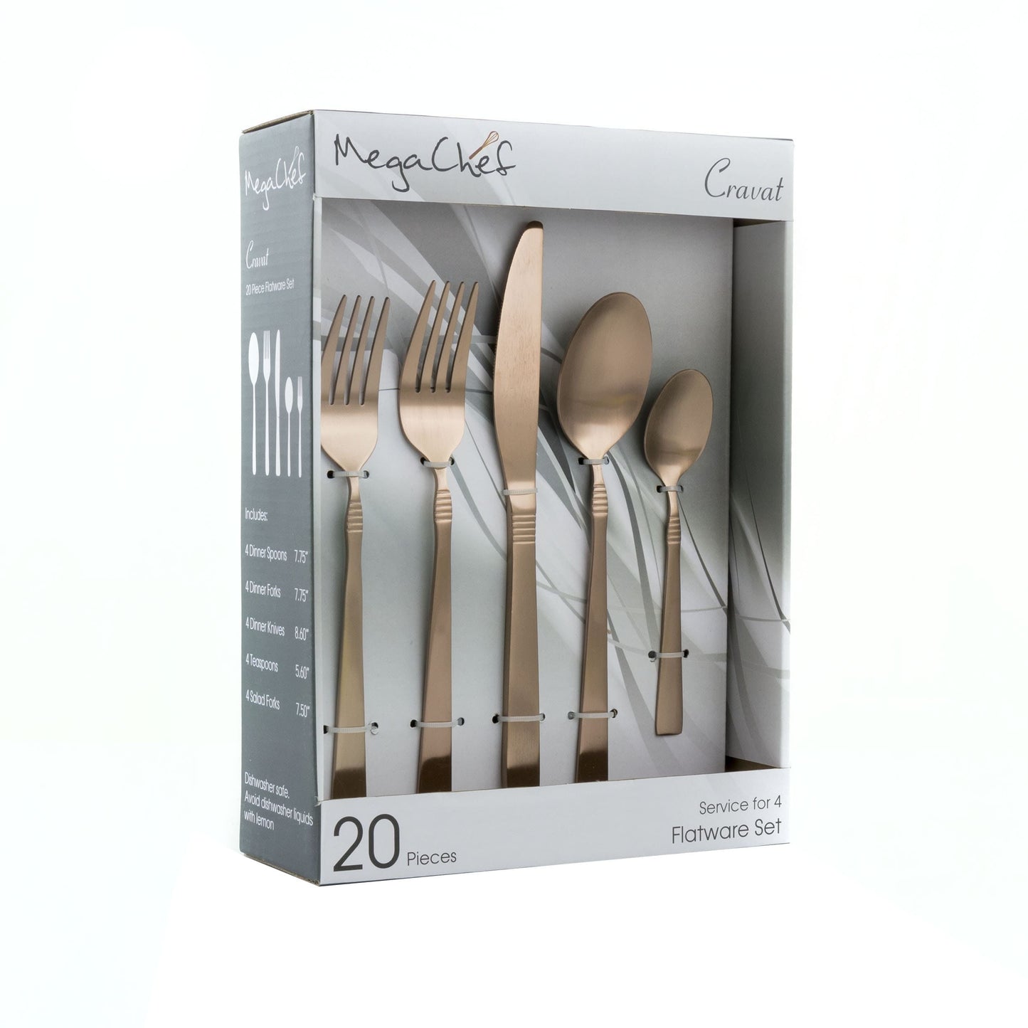 MegaChef Cravat Juego de Utensilios de CuberterÃ­a de 20 Piezas, Cubiertos de Acero Inoxidable para Servicio de Metal para 4 en Plata Mate