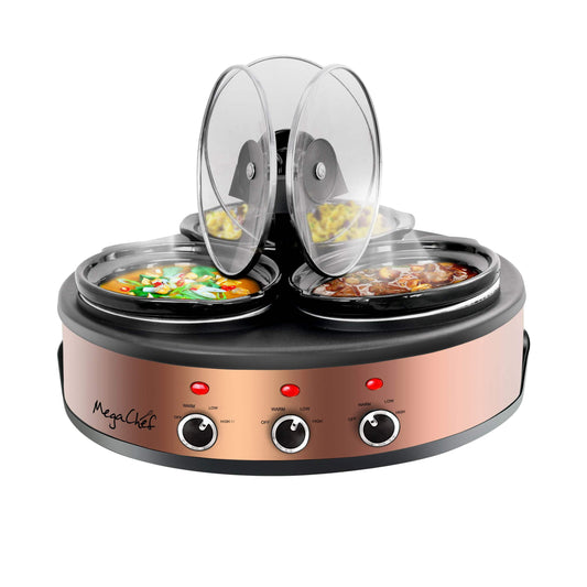 MegaChef Triple 1.5 Quart Slow Cooker and Buffet Server in Copper