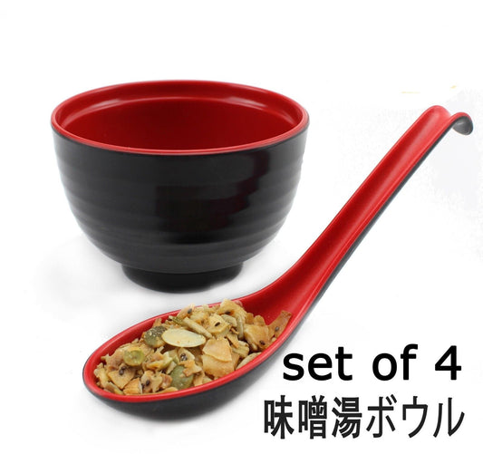 å‘³å™Œæ¹¯ãƒœã‚¦ãƒ« Melamine Plastic Noodle Miso Soup Bowls with Spoons Red Black, Set of 4