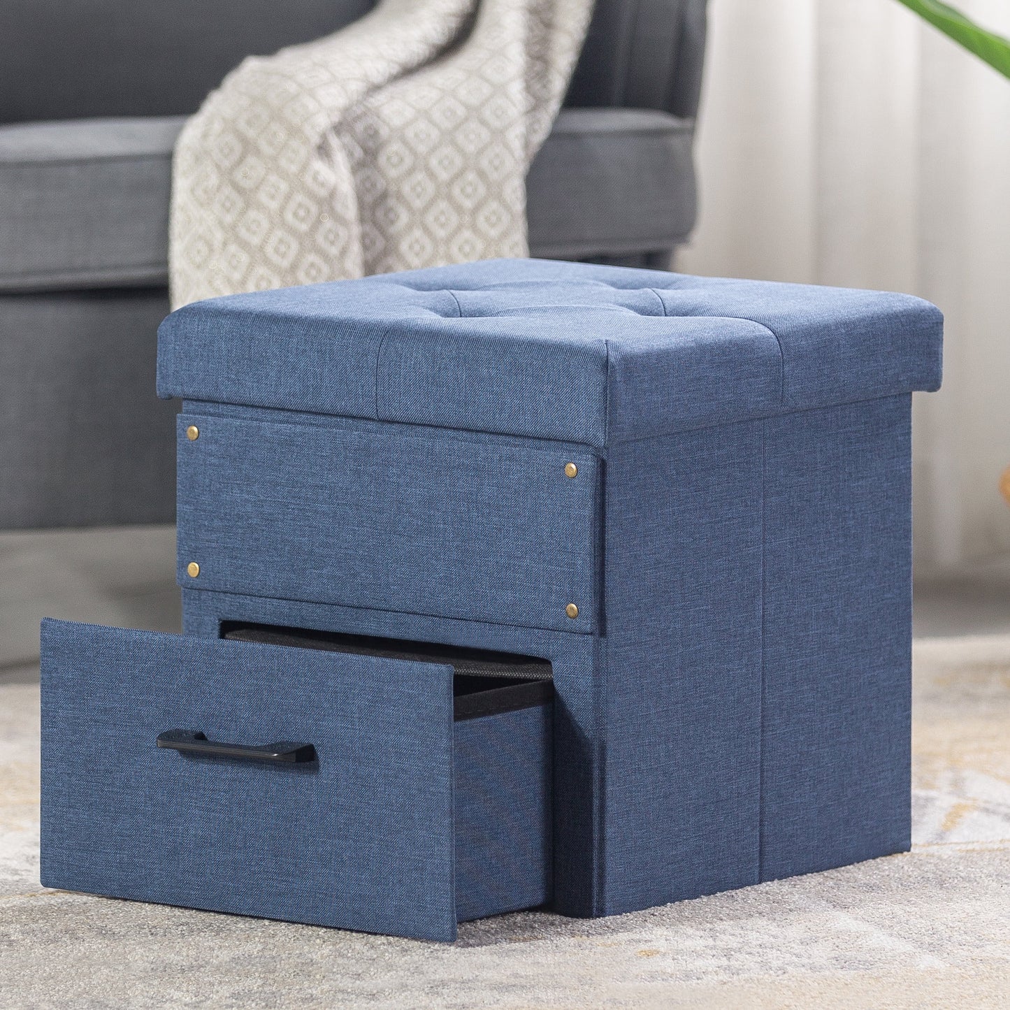 Mellow Stockbox 15" Ottoman with Storage Drawer, Blue