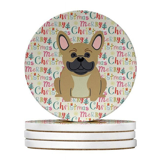 Merry Christmas French Bulldog Cream Large Sandstone Coasters Pack of 4 4 in x 4 in