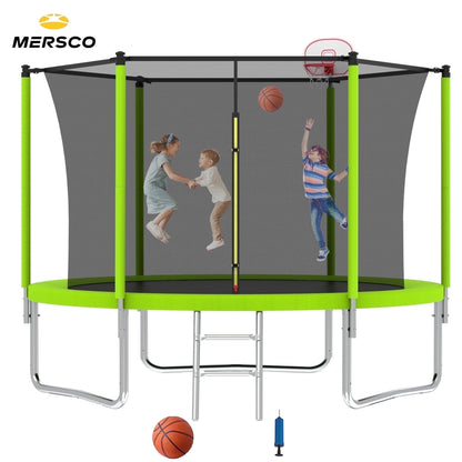 Mersco 8ft Trampoline for Kids,Outdoor Trampoline with Enclosure,BasketballHoop and Ladder,Upright-Poled Backyard Trampoline with Total Loading 960Lbs,Birthday Gifts,Green