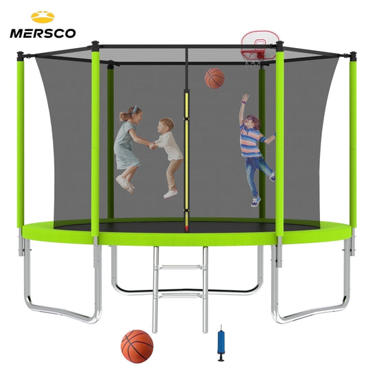 Mersco 8ft Trampoline for Kids,Outdoor Trampoline with Enclosure,BasketballHoop and Ladder,Upright-Poled Backyard Trampoline with Total Loading 960Lbs,Birthday Gifts,Green